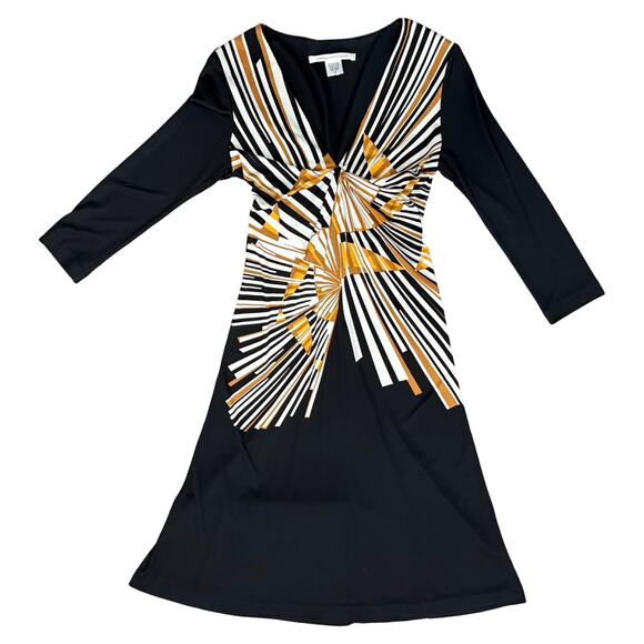 Diane Von Furstenberg 3/4 Sleeve Black Yellow Sunburst Silk Knee Length Dress 10 - Picture 1 of 9
